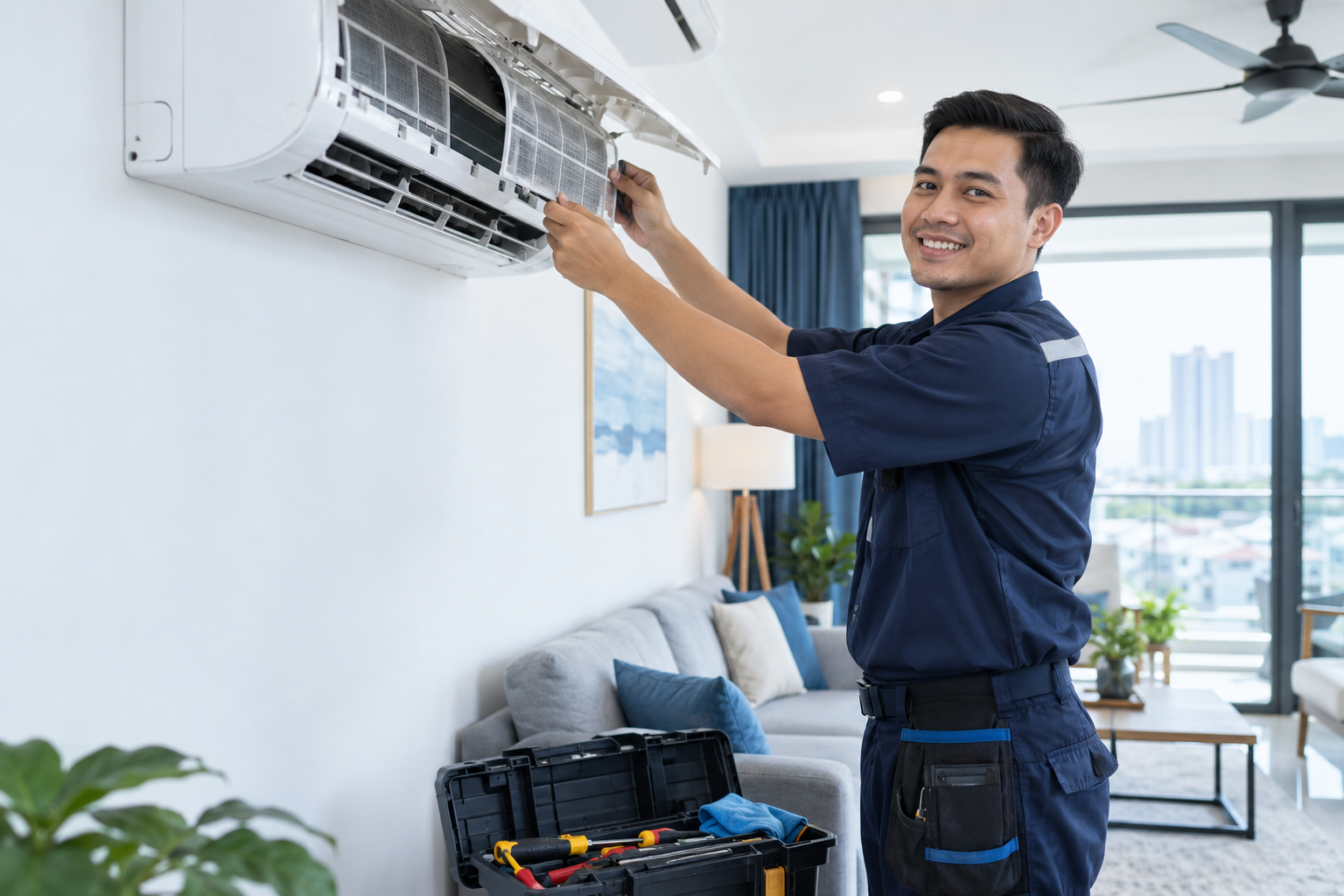 Juruteknik sedang melakukan servis aircond