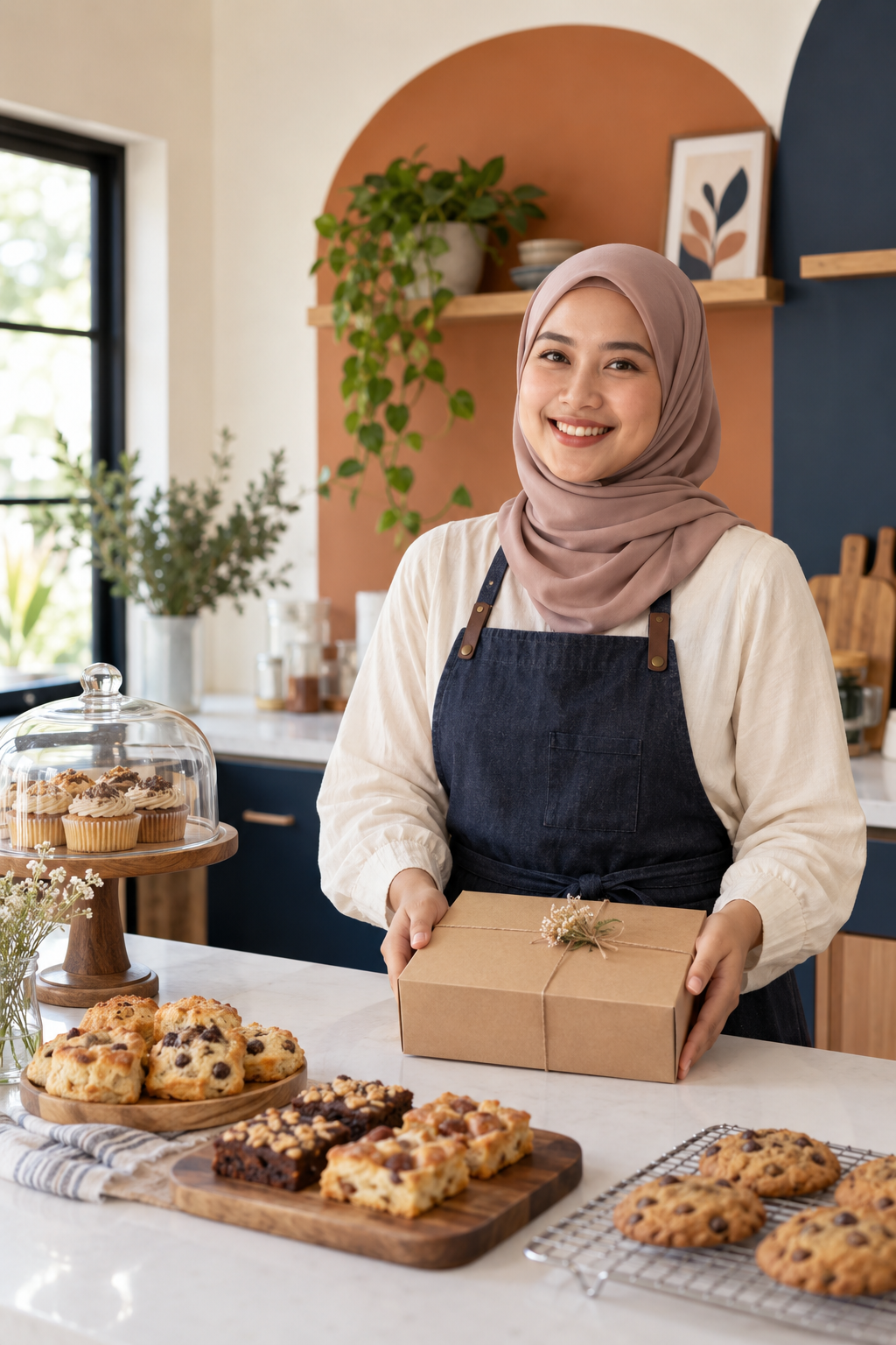 Pemilik bisnes bakery sedang memegang kotak pastri
