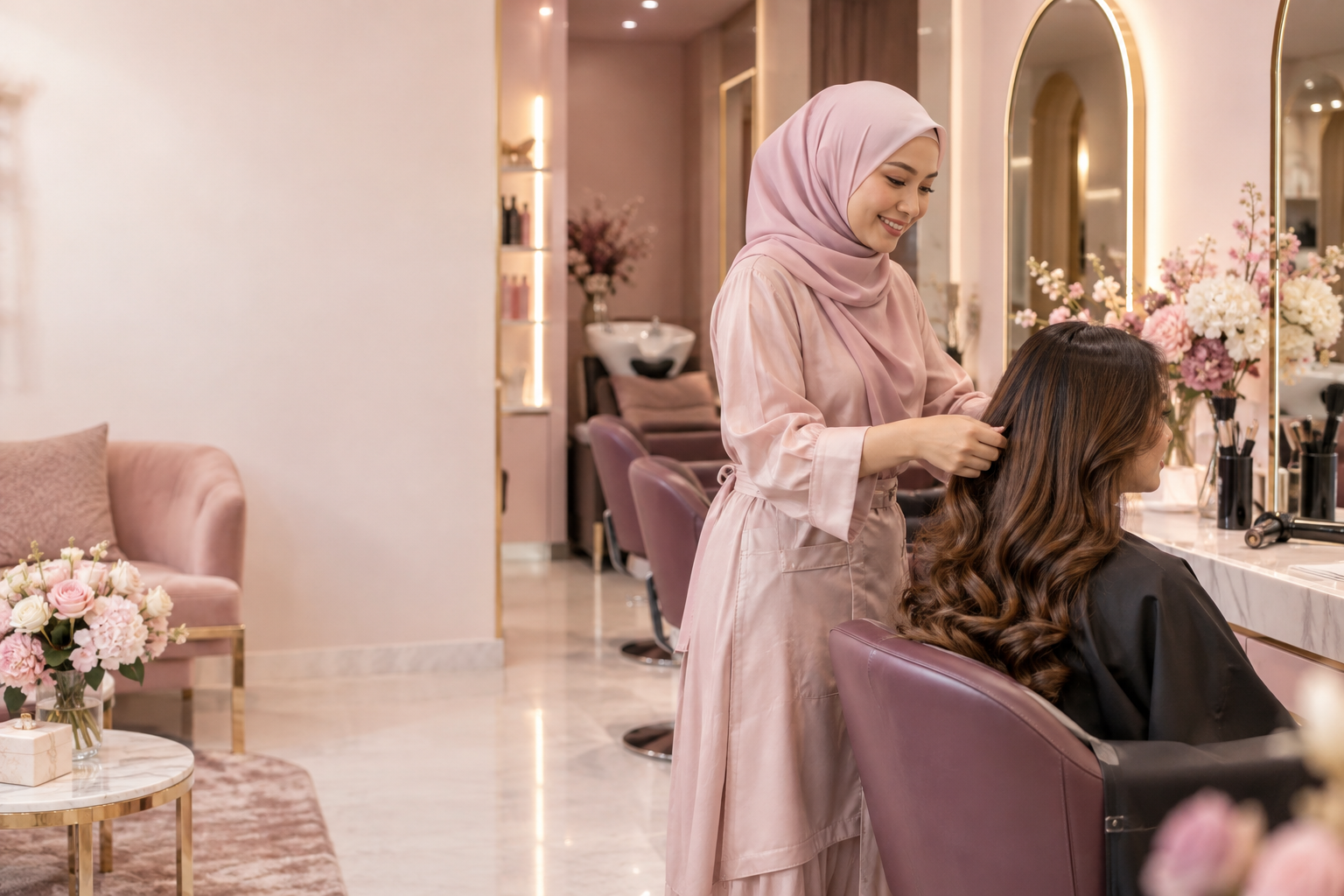 Pemilik salon sedang menggayakan rambut pelanggan